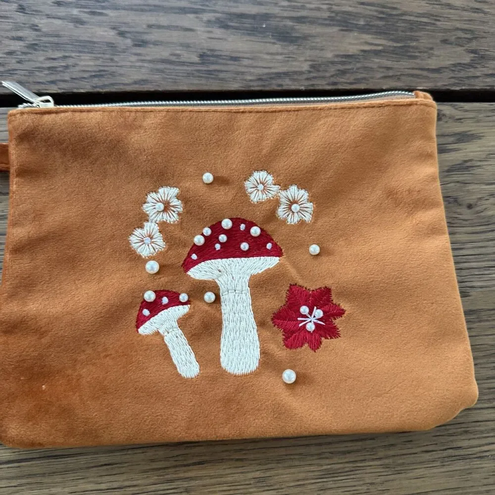 Velvet Mushroom Embroidered Beaded Clutch Wristlet Wallet Gypsy Boho Floral